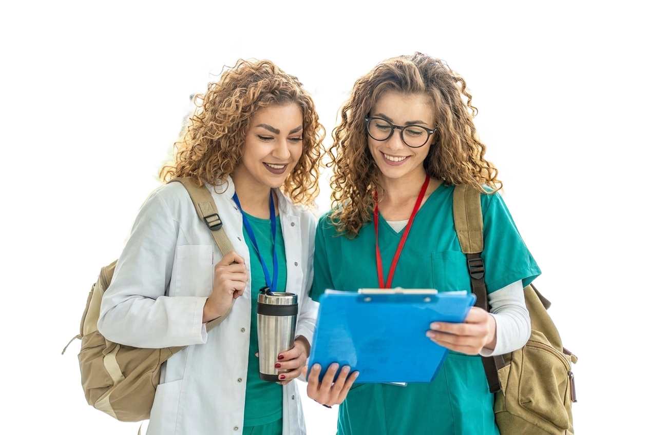 Two nontraditional medical students reviewing notes together