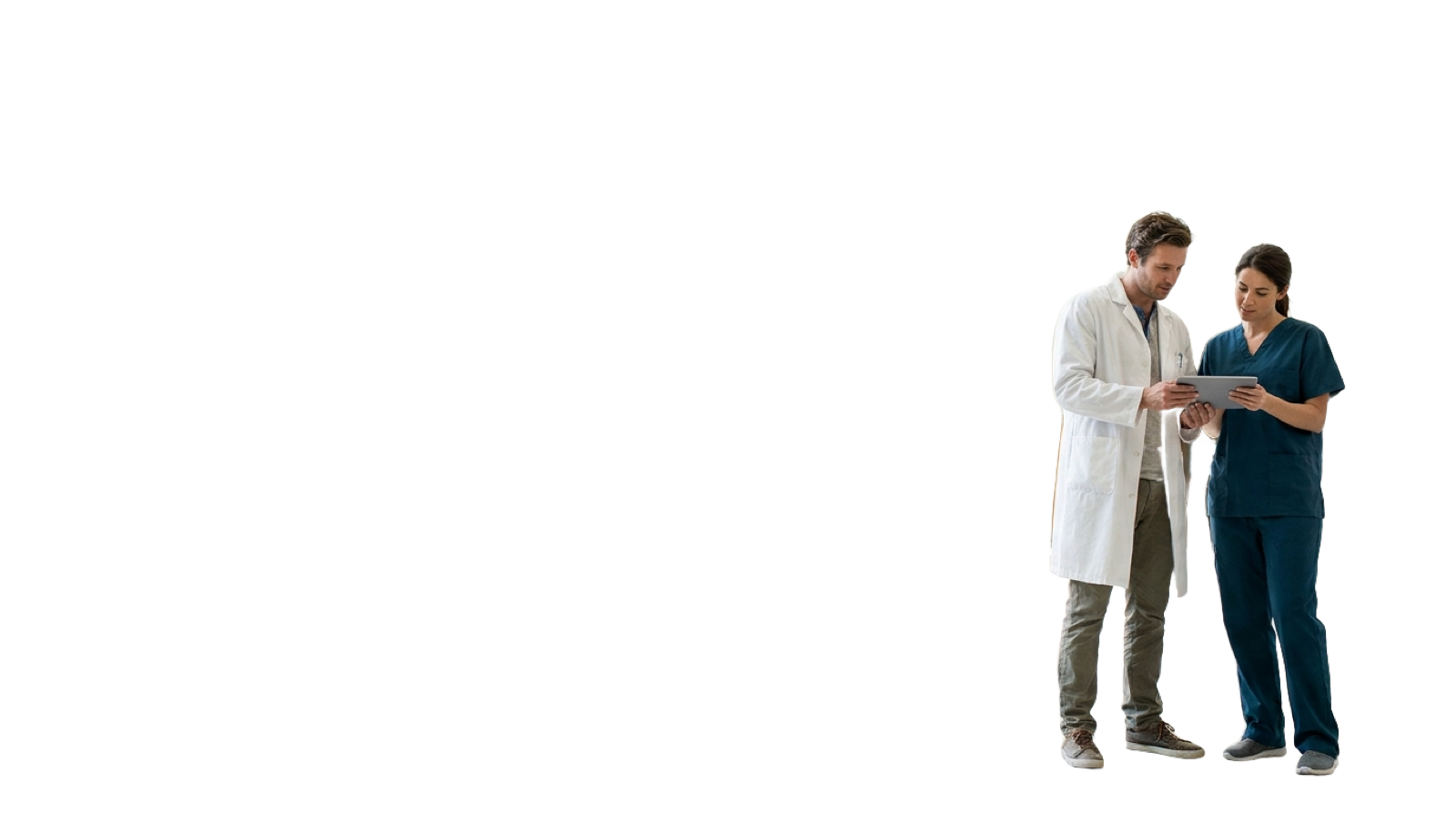 Two nontraditional medical students in a bright hospital atrium